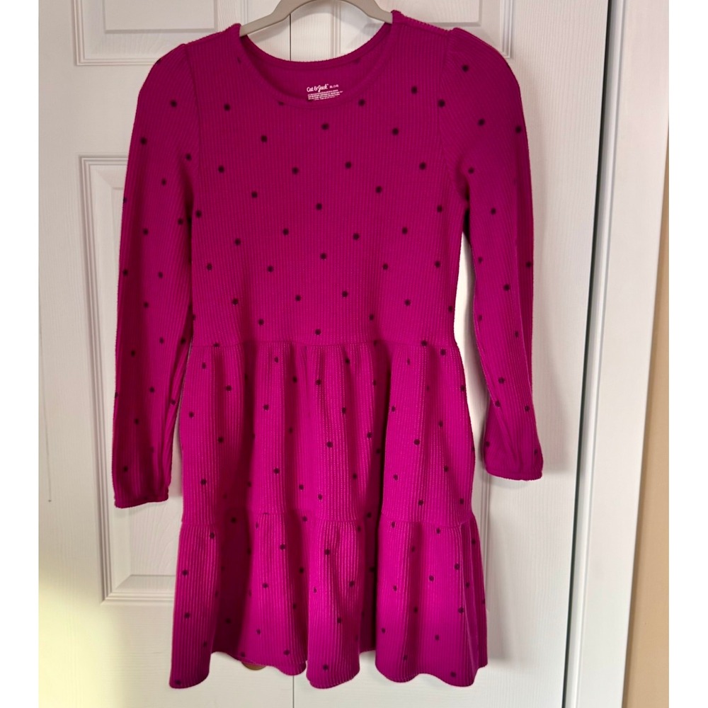 Cat & Jack Girls Magenta Polka Dot Tiered Long Sleeve Dress Sz XL 14 w/ pockets